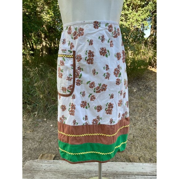 Vintage Brown Green Floral Long Half Apron Ric-rac Farmhouse - Picture 2 of 11